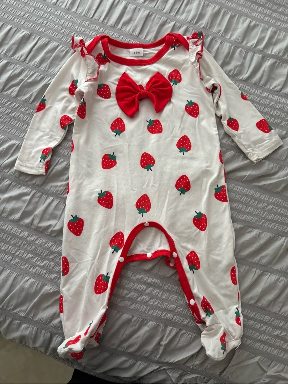 Baby Strawberry Print One-Piece Romper with Red Bow